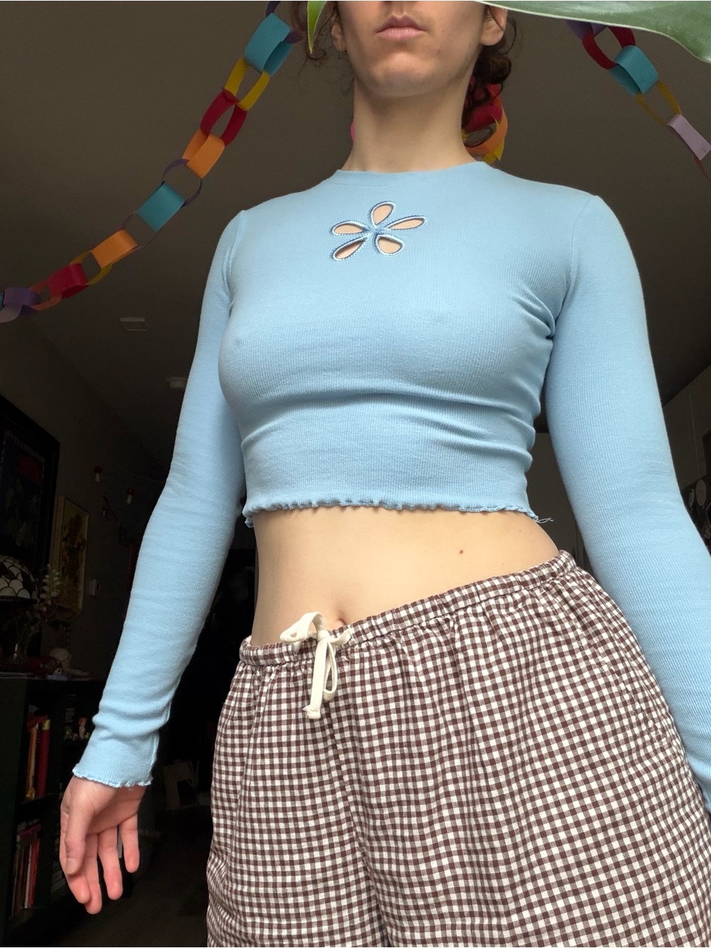 Zumiez Light Blue Long Sleeve Cropped Top with Flower Cutout - Picture 2 of 5